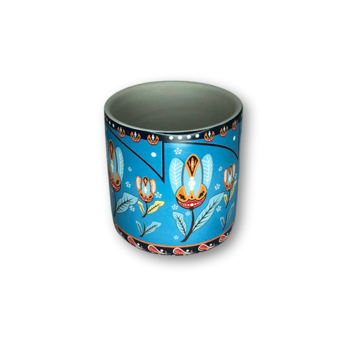 Light Blue Cup Pot with Smiling Floral Pattern Flower Pot