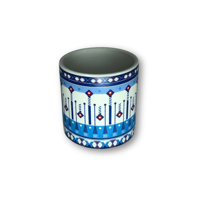 Blue Cup Pot with Aztec Pattern Flower Pot