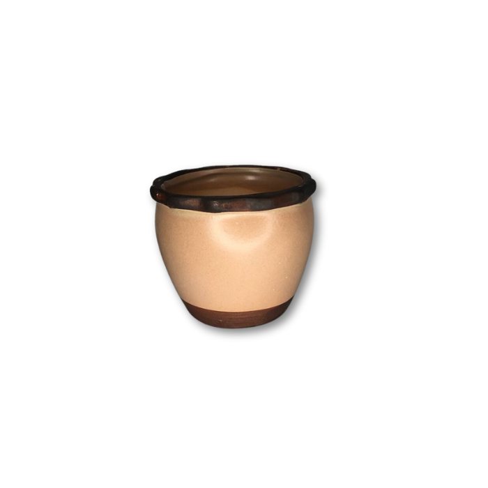 Tan Pot with Rippled Top, Brown Strip Top and Bottom