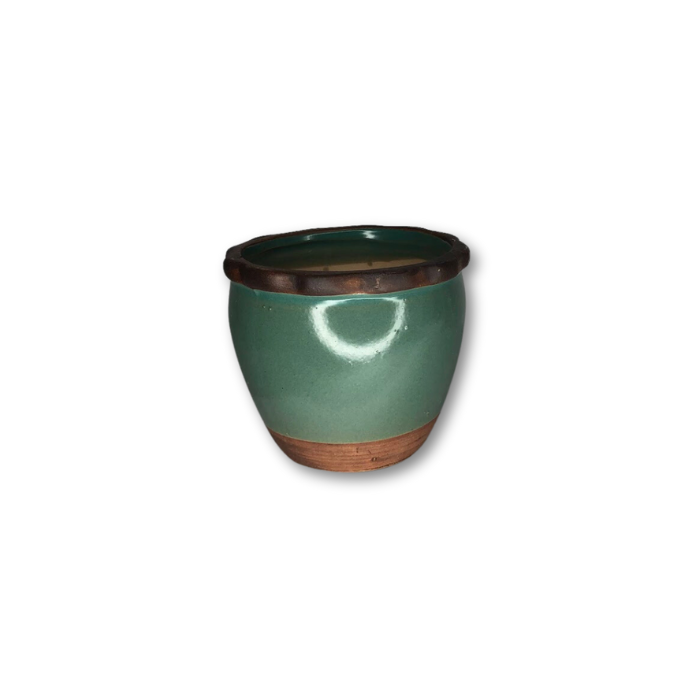 Green Pot with Rippled Top, Brown Strip Top and Bottom