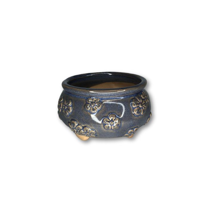 Blue Glazed Pot with Raised Flower Pattern