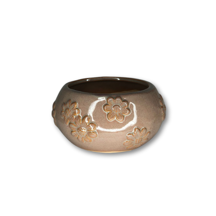 Tan Glazed Oval Pot with Raised Flower Pattern