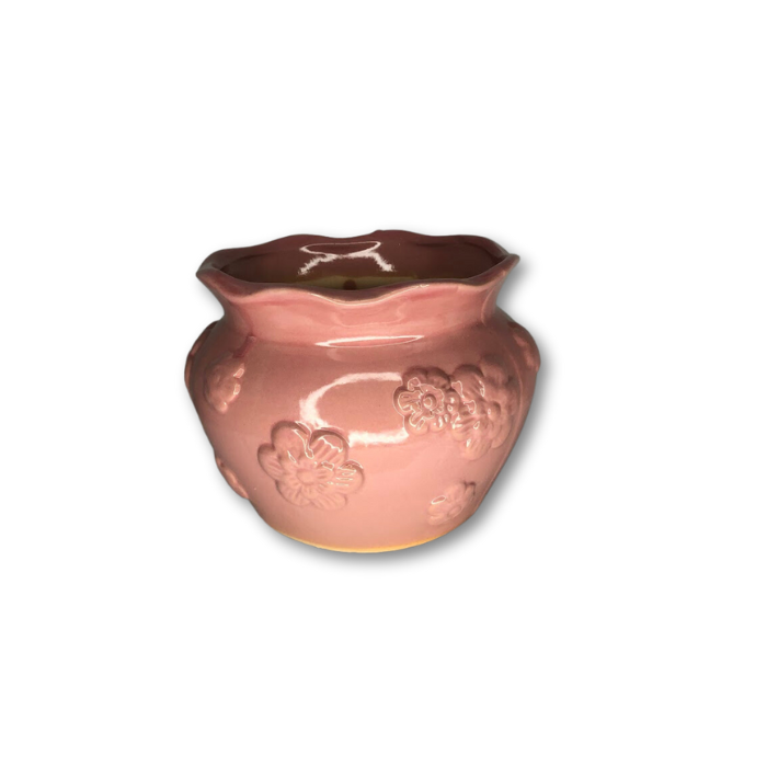 Pink Glazed Pot with Raised Flower Pattern