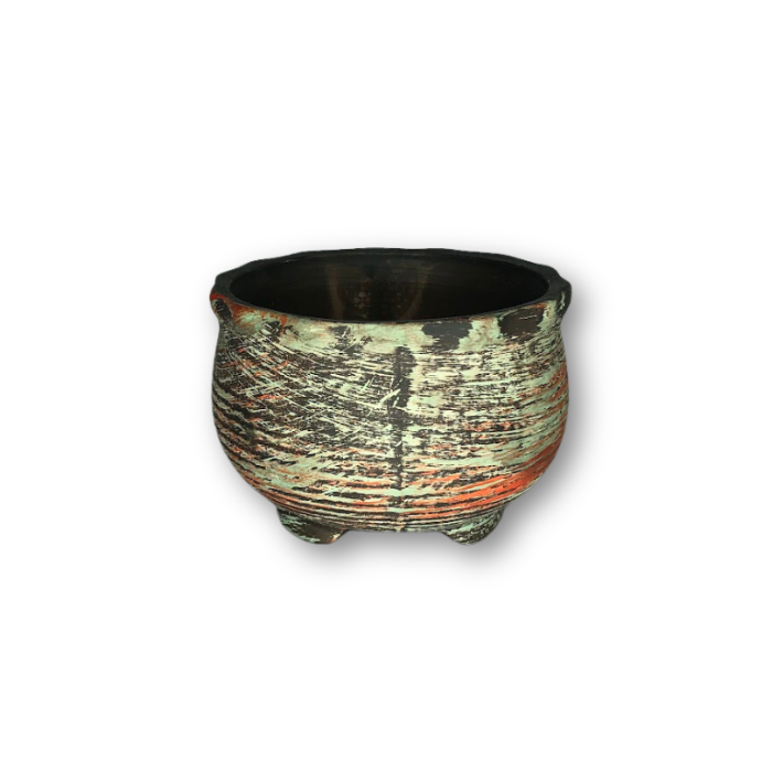 Green Brushed on Black Flower Pot, Flat Finish