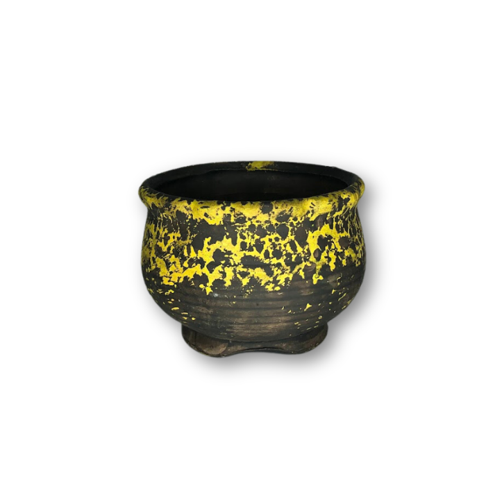 Yellow Sponge Pattern on Black Flower Pot, Flat Finish