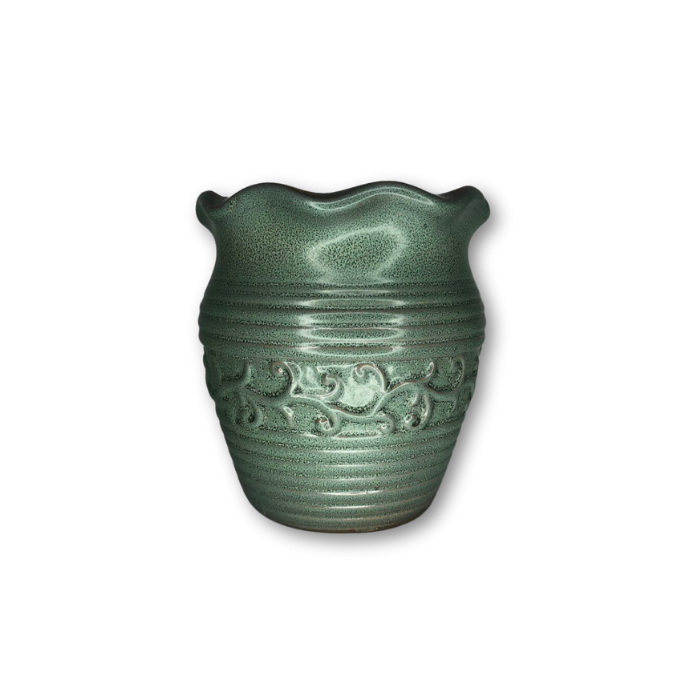 Green Antique Colored Round Pot with Vine Wrap Around Pattern