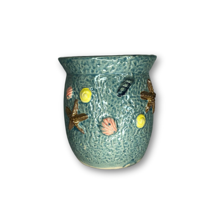 Blue Round Pot with Flared Edge and Raised Sea Shells