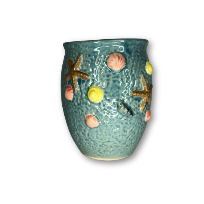 Blue Tall Round Pot with Raised Sea Shells