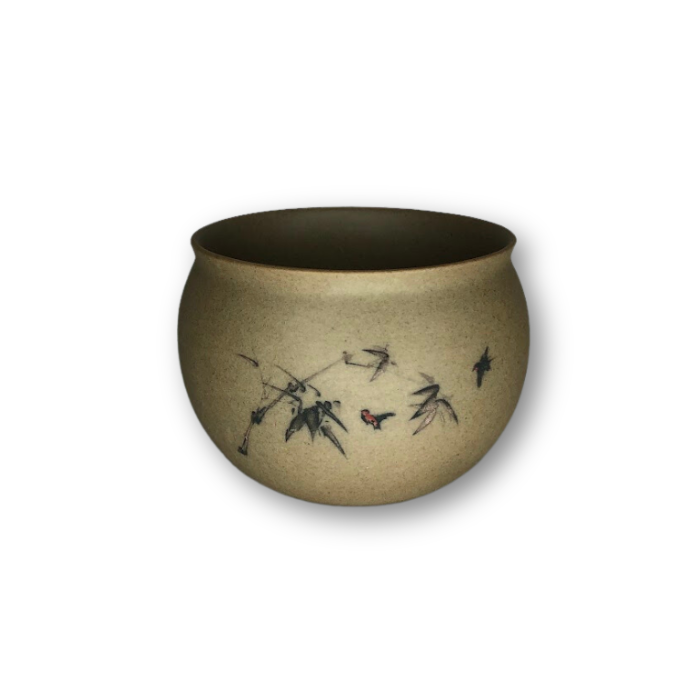 Tan Asian Style Pot with Tree Limb and Birds
