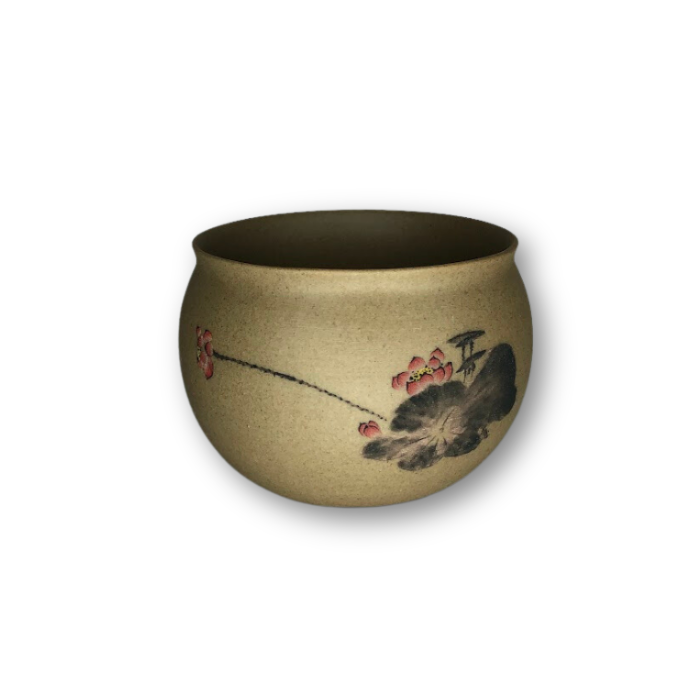 Tan Asian Style Pot with Pink Flower