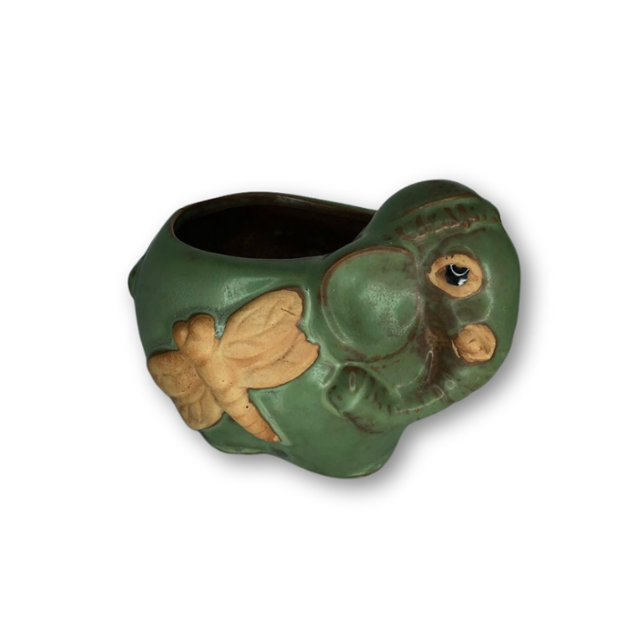Rustic Antique Green Elephant with Dragonfly Flower Pot