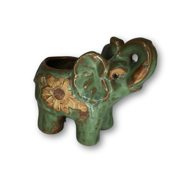 Rustic Antique Green Elephant with Flower Flower Pot