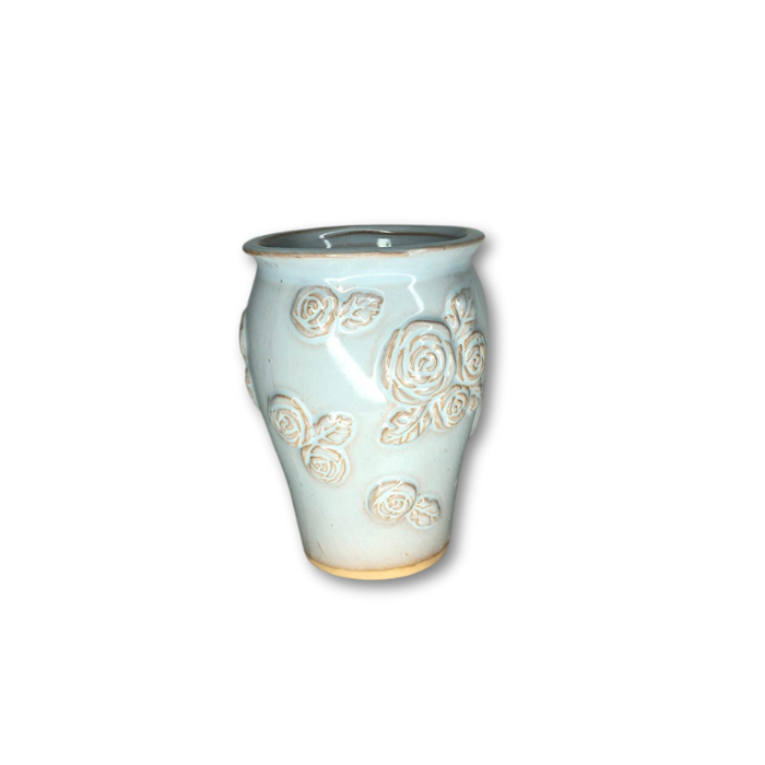 White Glazed Pot with Raised Flower Pattern