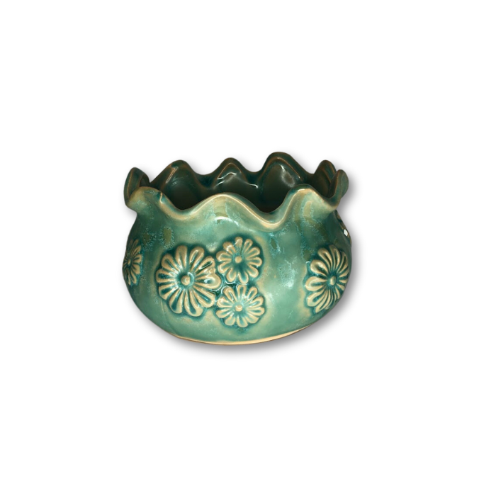 Blue Glazed Pot with Raised Flower Pattern