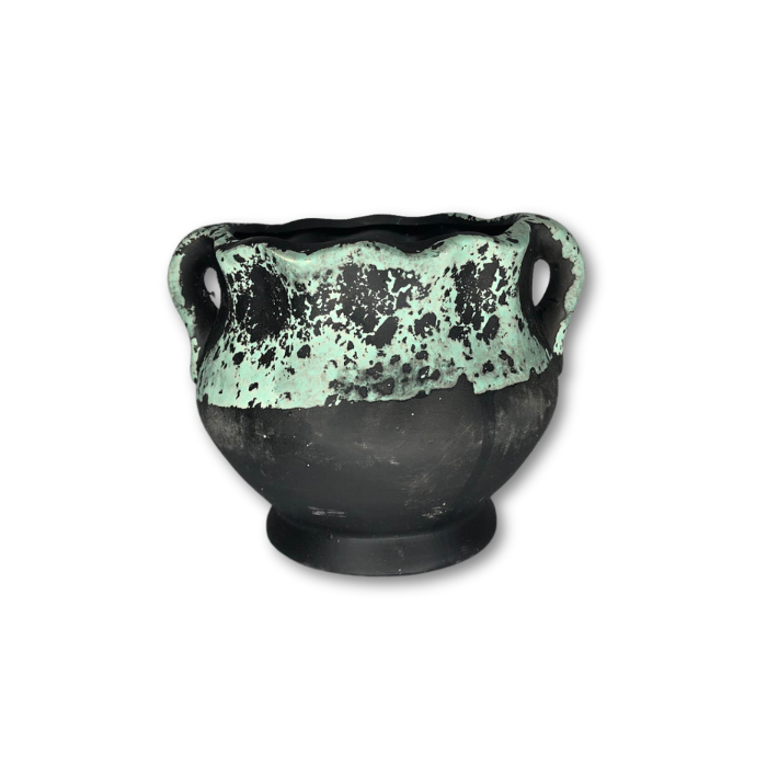 Green Sponge Pattern on Black Pot, Flat Finish