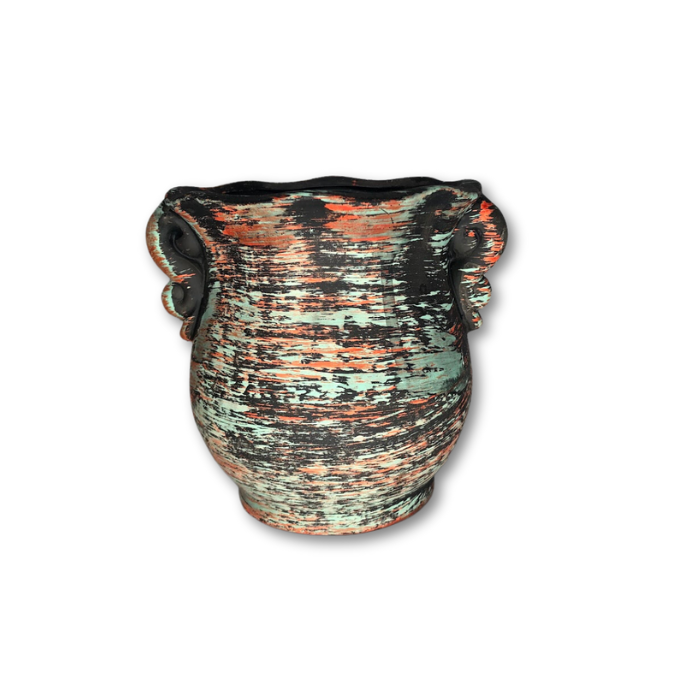 Teal/Orange/Black Brushed Pot, non-Glazed, Style 3