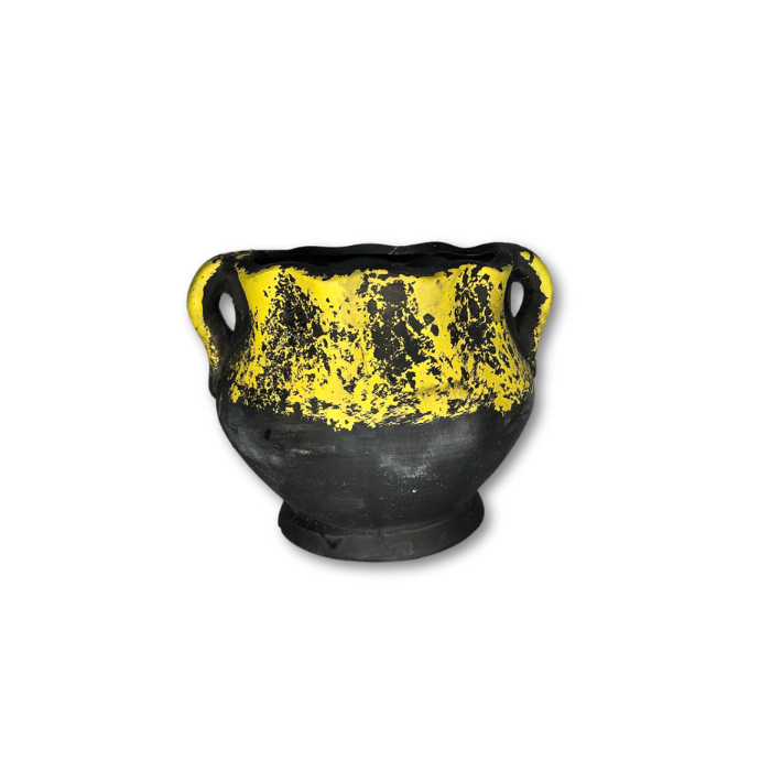 Yellow Sponge Pattern on Black Pot, Flat Finish