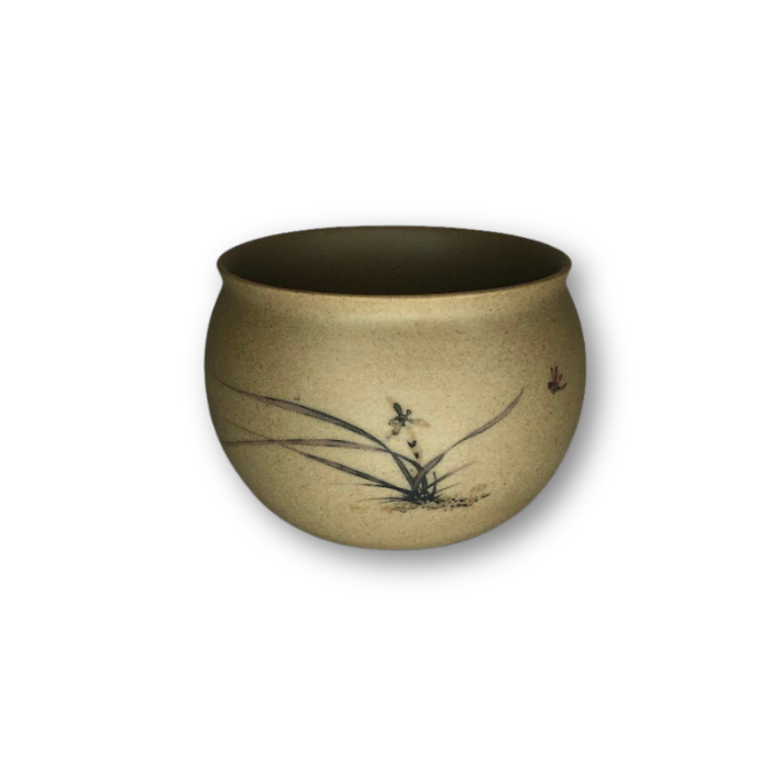 Tan Asian Style Pot with Blade of Grass Dragon Fly