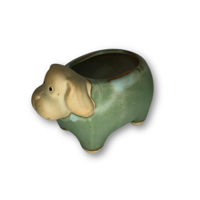 Rustic Antique Green Dog, Flower Pot