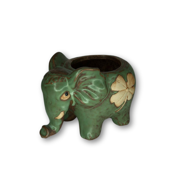 Rustic Antique Green Elephant with Four Leaf Clover Flower Pot