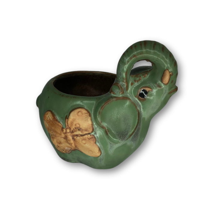 Rustic Antique Green Elephant with Butterfly Flower Pot