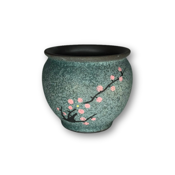 Blue-Green Asian Style Pot with Cherry Blossom Branch